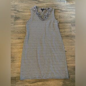 TALBOTS black white Striped Casual Dress Womens Sz MP Sleeveless ruffle neckline
